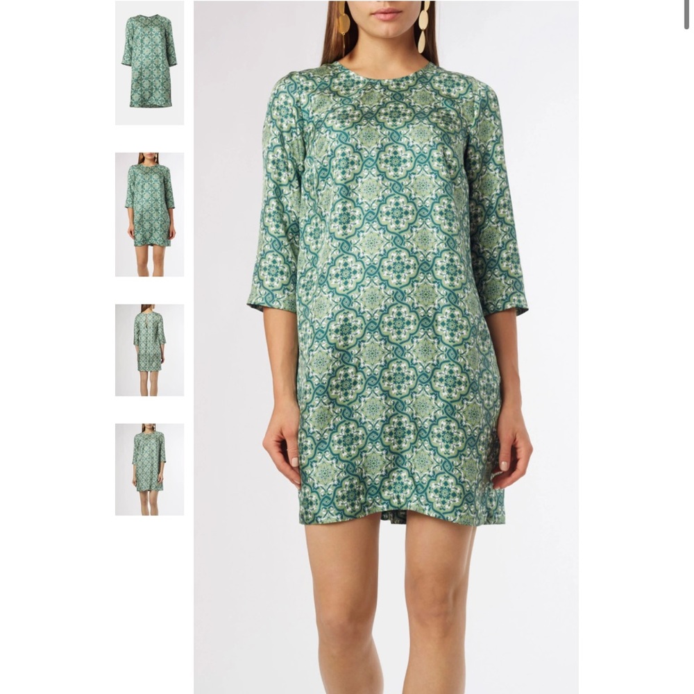 Ines print, Nieves Lavi 100% silk 70’s style abstract textile print green dress.